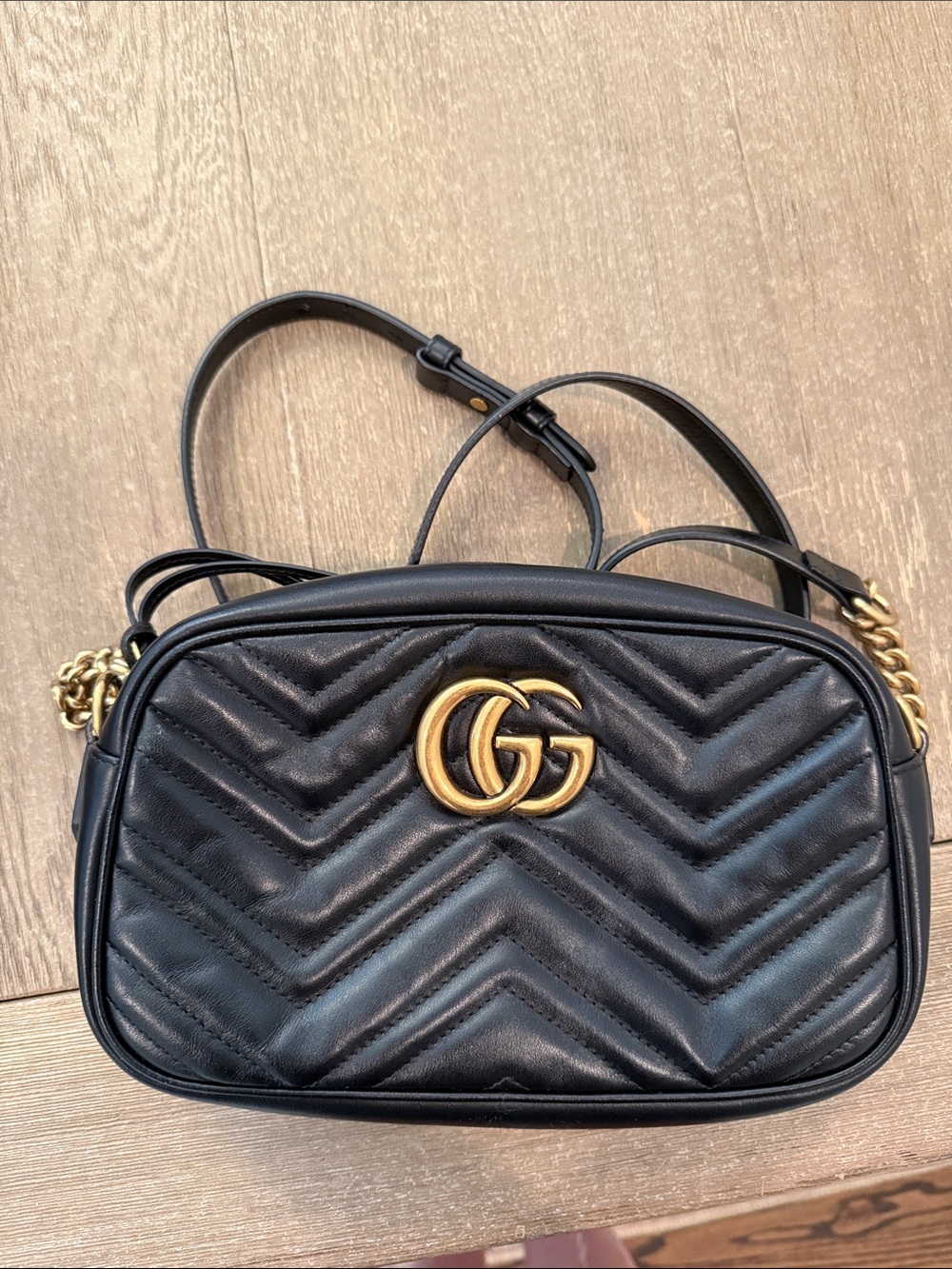 Gucci Black Chevron Quilted Leather Crossbody with Gold GG